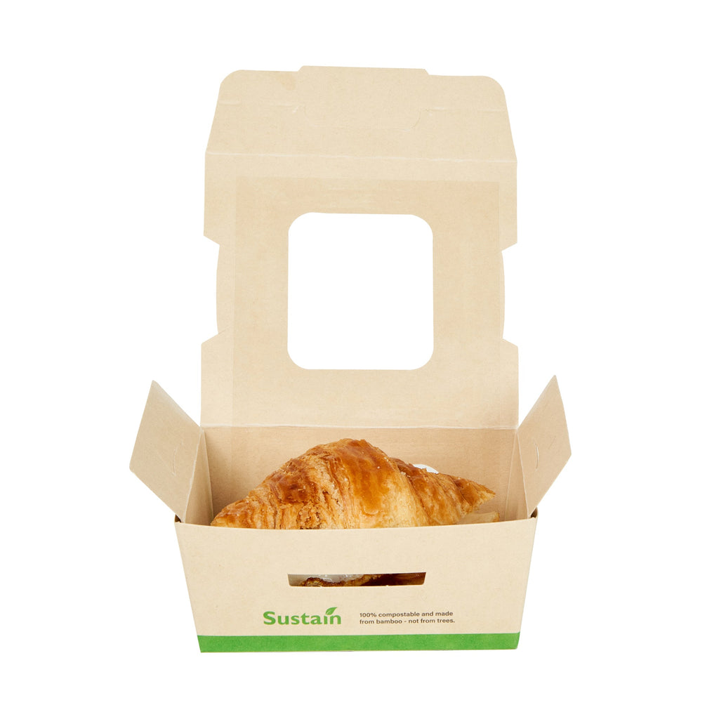 Sustain 12 oz Bamboo Paper Mini Bio Take Out Container - with PLA Lining and Windows, Compostable - 4 1/4" x 3 3/4" x 1 3/4" - 50 count box