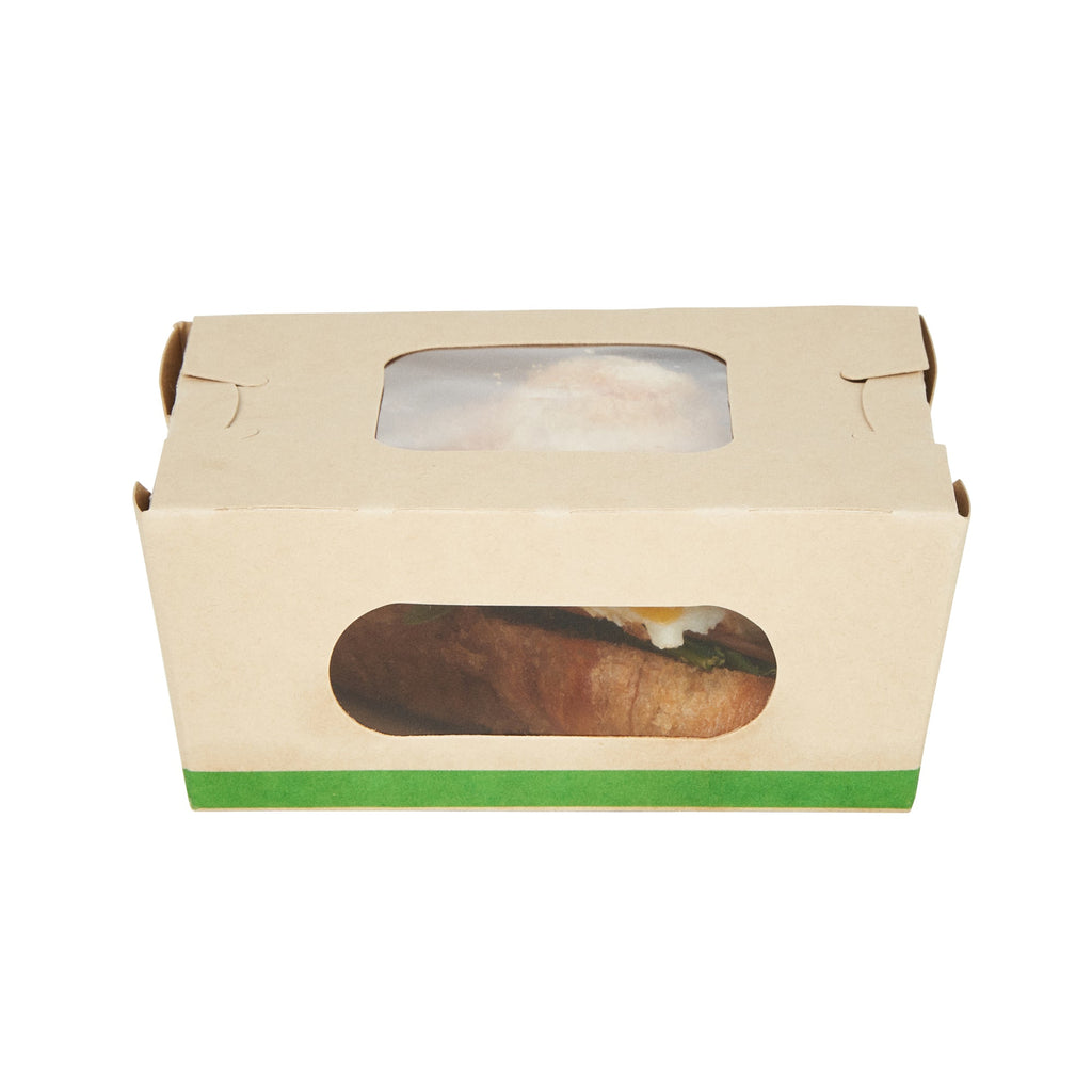 Sustain 12 oz Bamboo Paper Mini Bio Take Out Container - with PLA Lining and Windows, Compostable - 4 1/4" x 3 3/4" x 1 3/4" - 50 count box