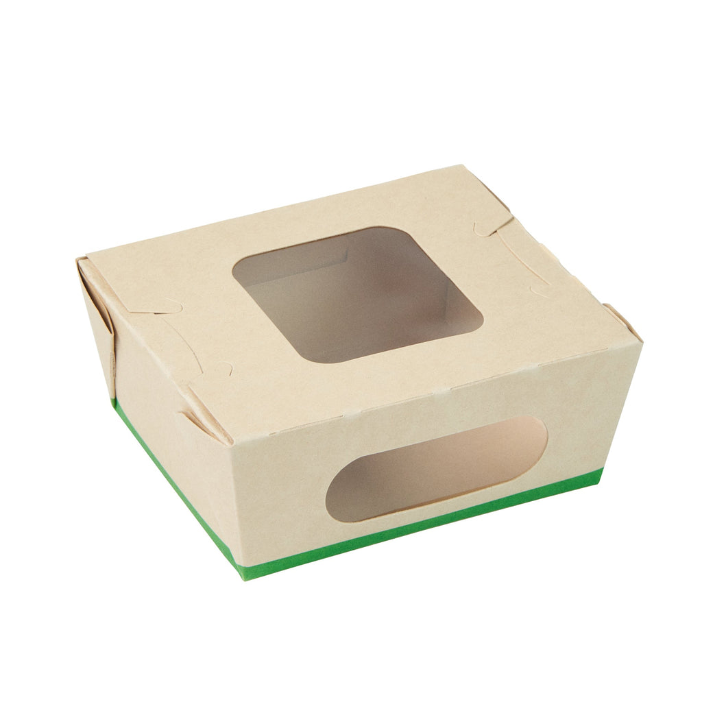 Sustain 12 oz Bamboo Paper Mini Bio Take Out Container - with PLA Lining and Windows, Compostable - 4 1/4" x 3 3/4" x 1 3/4" - 50 count box