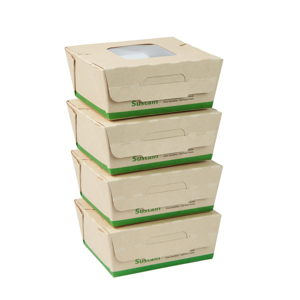 Sustain 12 oz Bamboo Paper Mini Bio Take Out Container - with PLA Lining and Windows, Compostable - 4 1/4" x 3 3/4" x 1 3/4" - 50 count box
