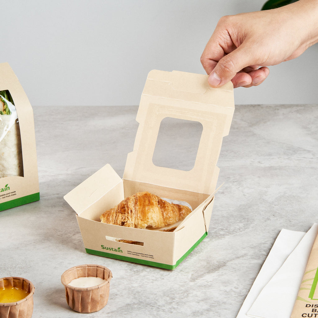 Sustain 12 oz Bamboo Paper Mini Bio Take Out Container - with PLA Lining and Windows, Compostable - 4 1/4" x 3 3/4" x 1 3/4" - 50 count box
