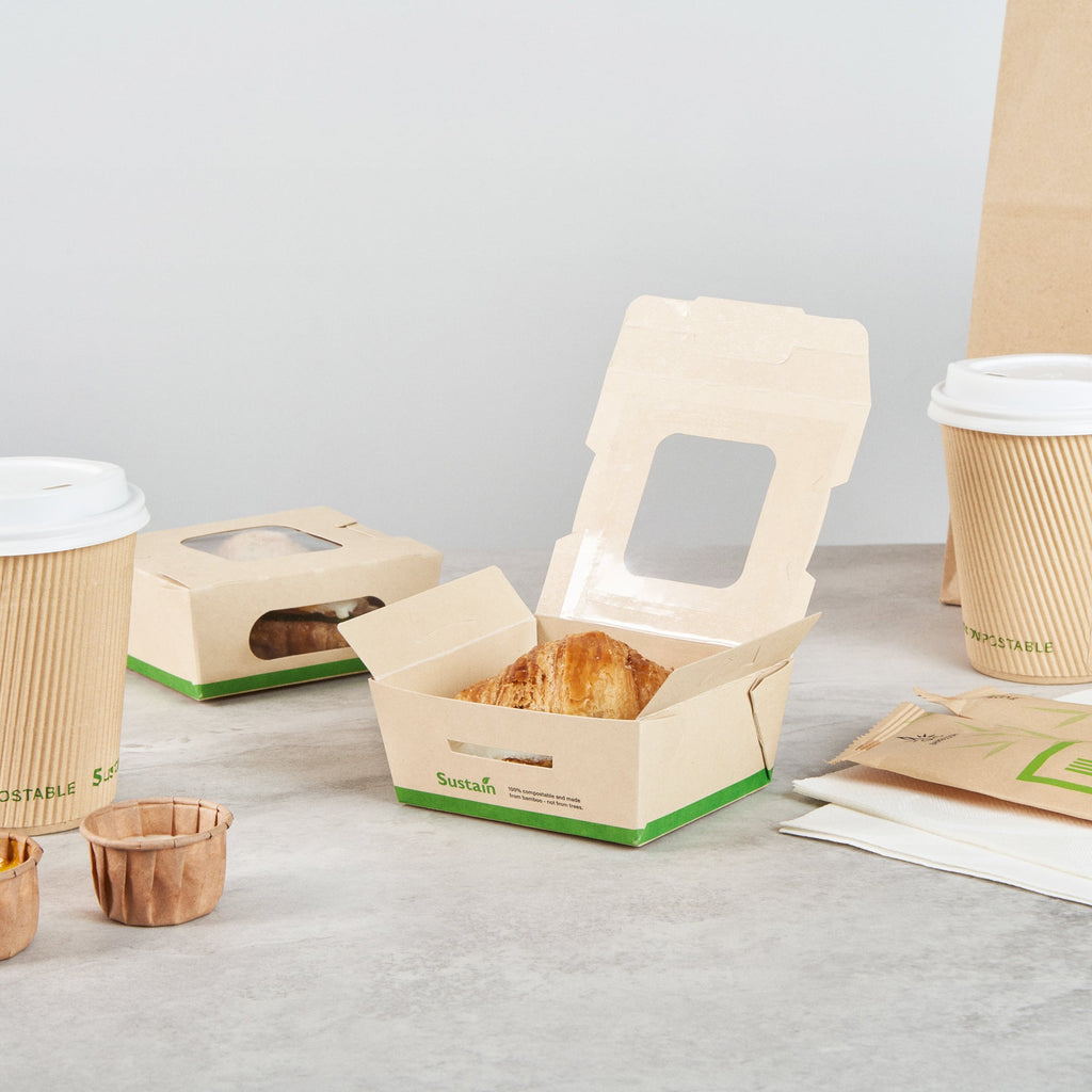 Sustain 12 oz Bamboo Paper Mini Bio Take Out Container - with PLA Lining and Windows, Compostable - 4 1/4" x 3 3/4" x 1 3/4" - 50 count box