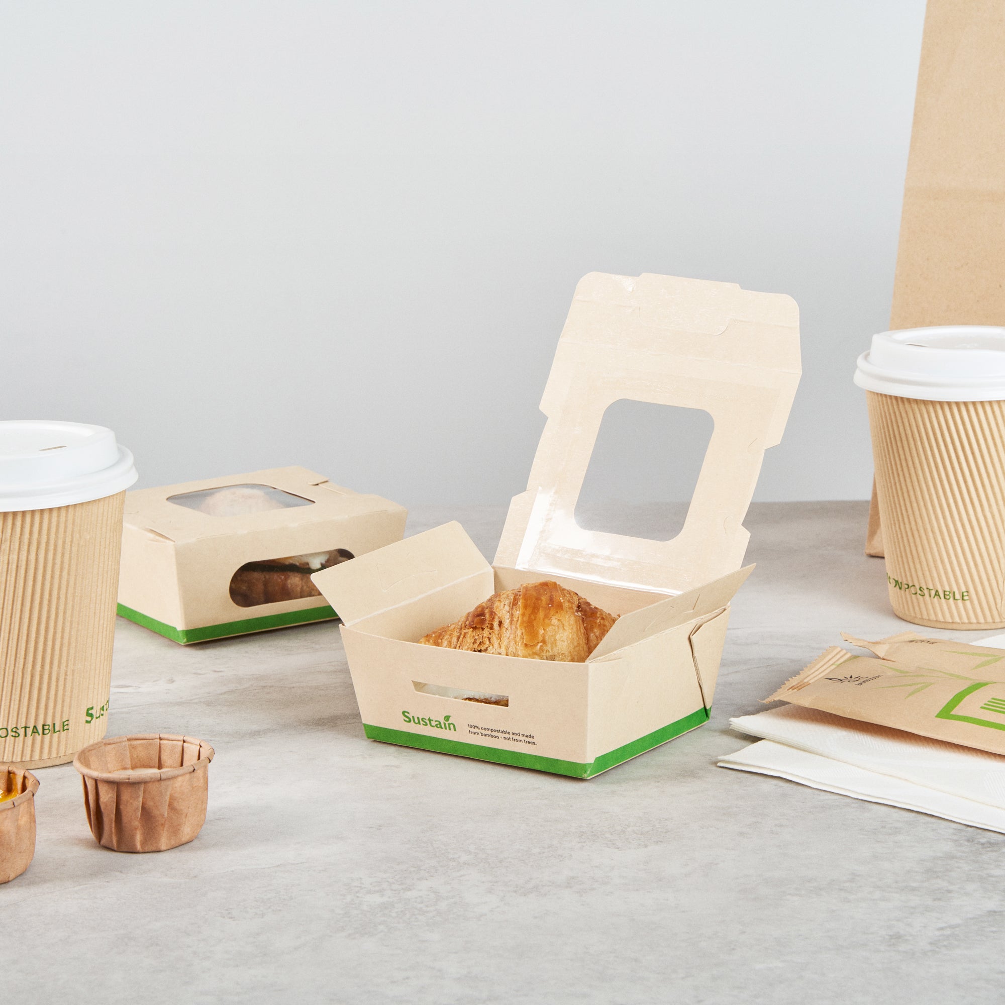Sustain 12 oz Bamboo Paper Mini Bio Take Out Container - with PLA Lining and Windows, Compostable - 4 1/4" x 3 3/4" x 1 3/4" - 50 count box
