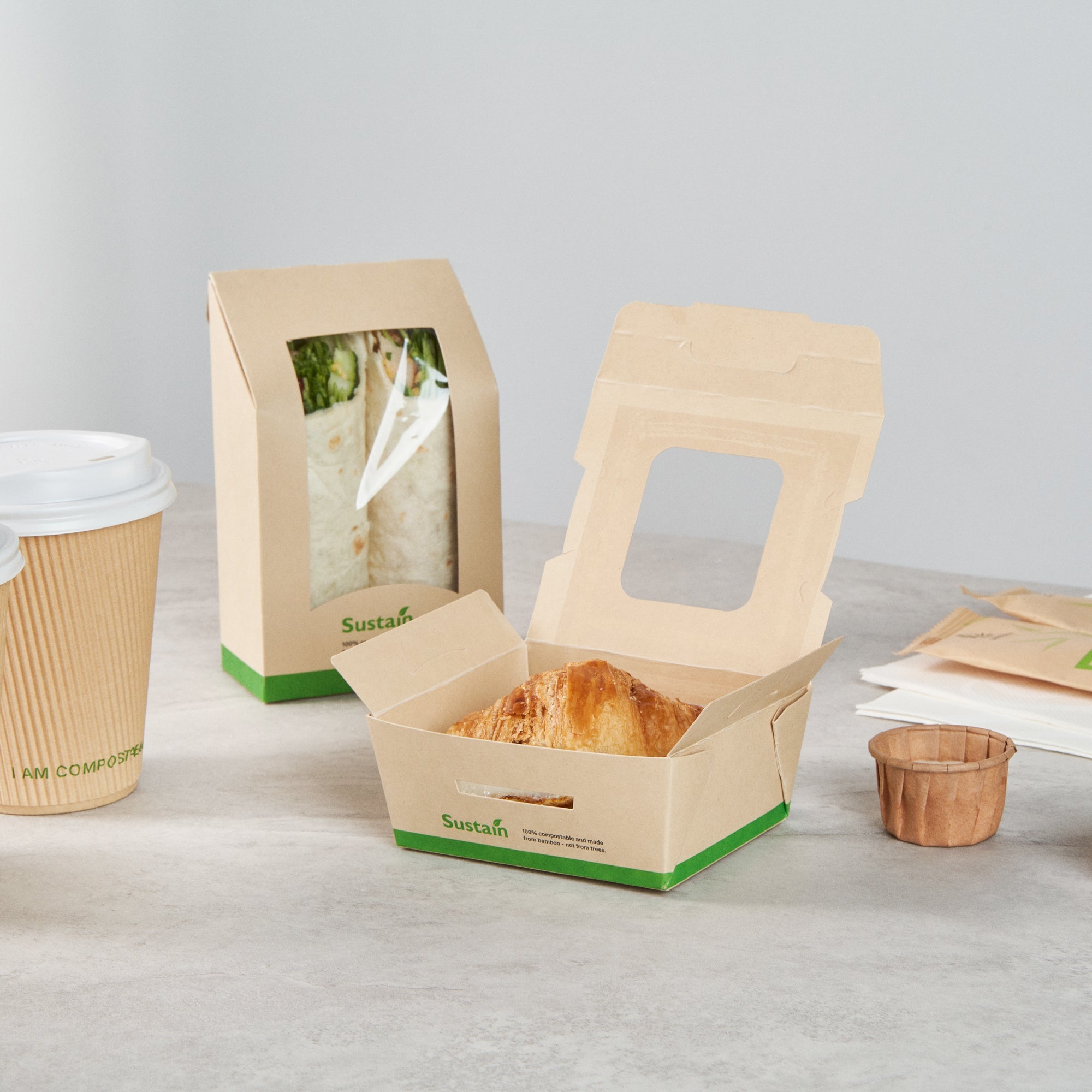 Sustain 12 oz Bamboo Paper Mini Bio Take Out Container - with PLA Lining and Windows, Compostable - 4 1/4" x 3 3/4" x 1 3/4" - 50 count box