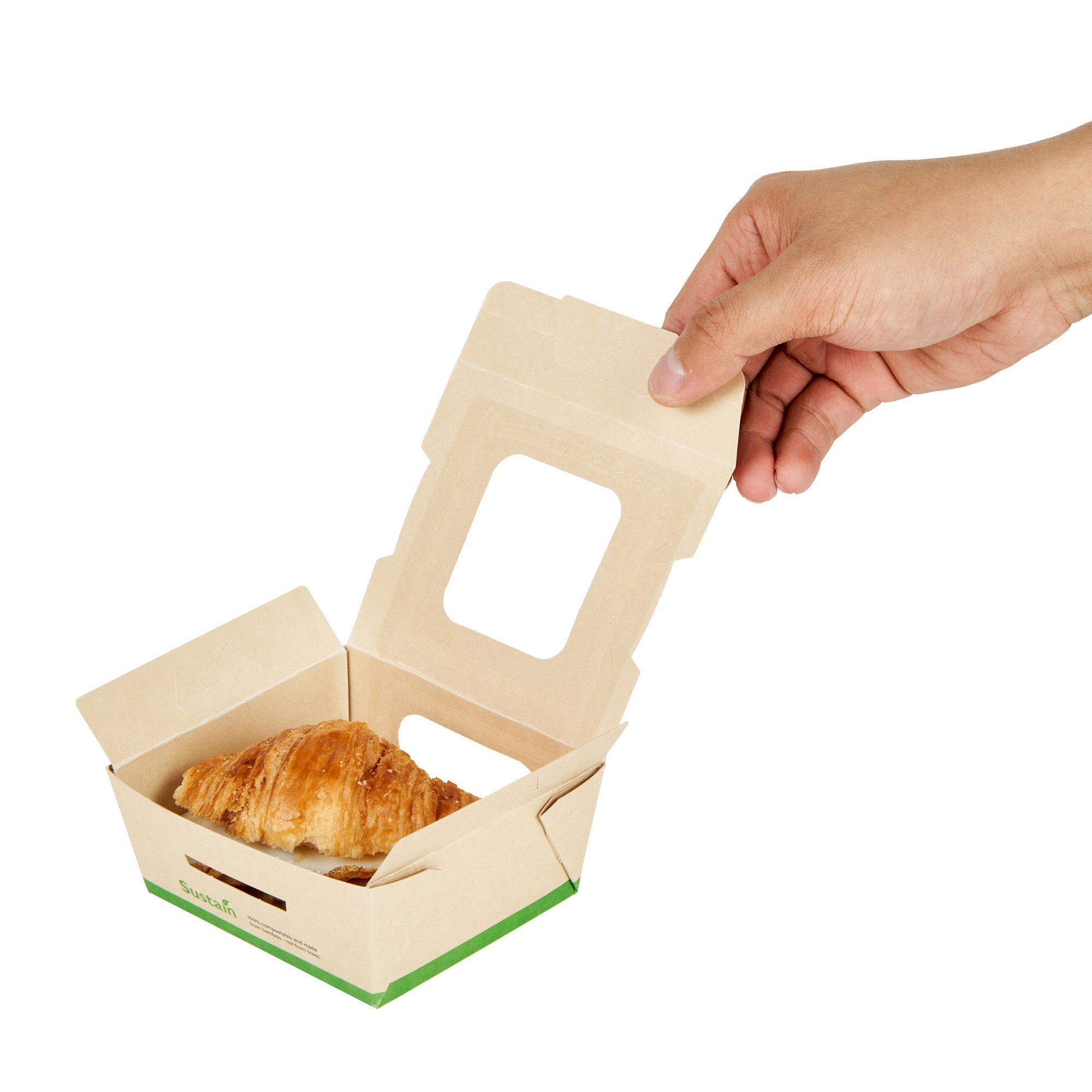 Sustain 12 oz Bamboo Paper Mini Bio Take Out Container - with PLA Lining and Windows, Compostable - 4 1/4" x 3 3/4" x 1 3/4" - 200 count box