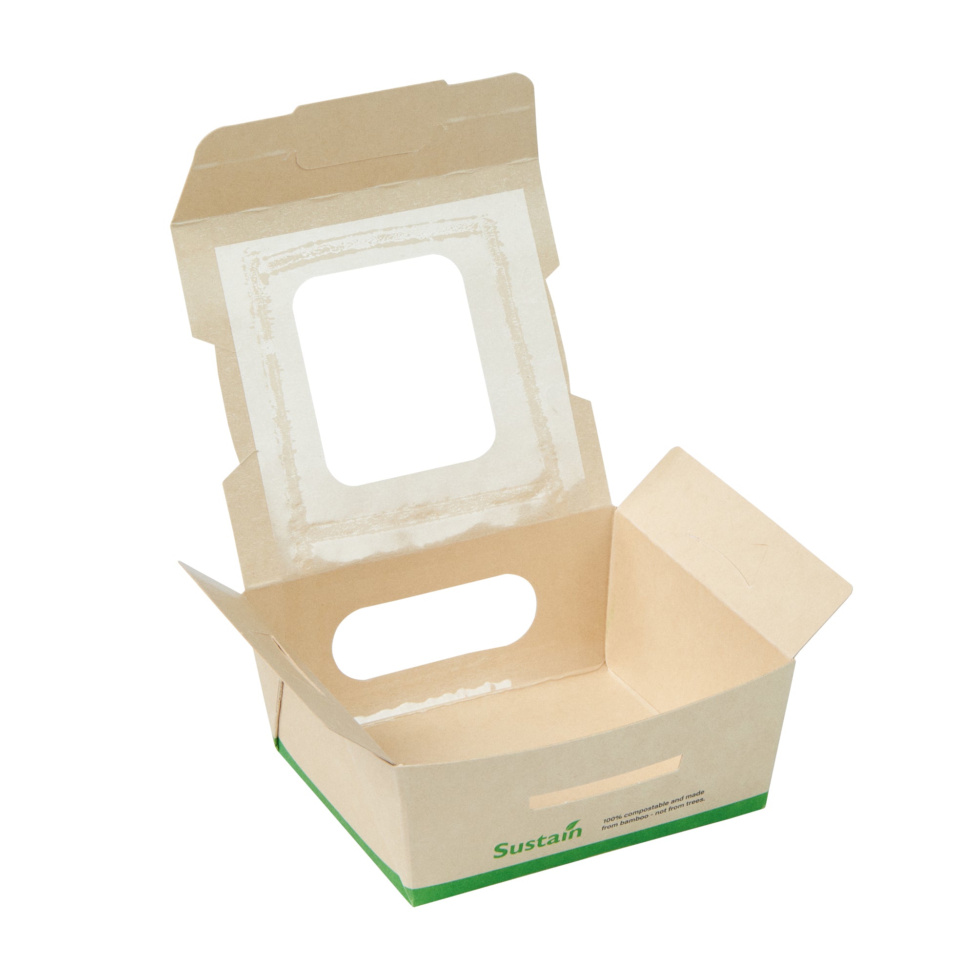 Sustain 12 oz Bamboo Paper Mini Bio Take Out Container - with PLA Lining and Windows, Compostable - 4 1/4" x 3 3/4" x 1 3/4" - 200 count box