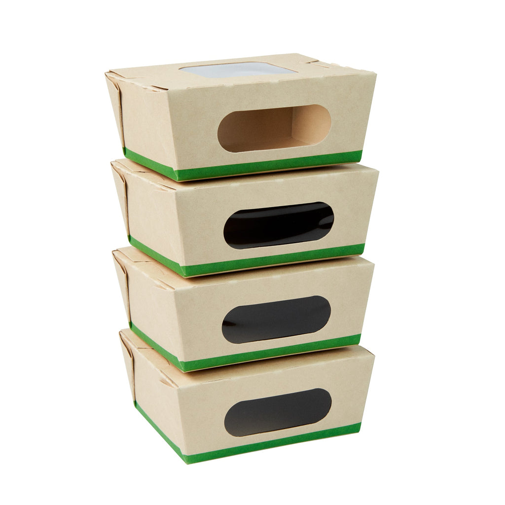 Sustain 12 oz Bamboo Paper Mini Bio Take Out Container - with PLA Lining and Windows, Compostable - 4 1/4" x 3 3/4" x 1 3/4" - 200 count box