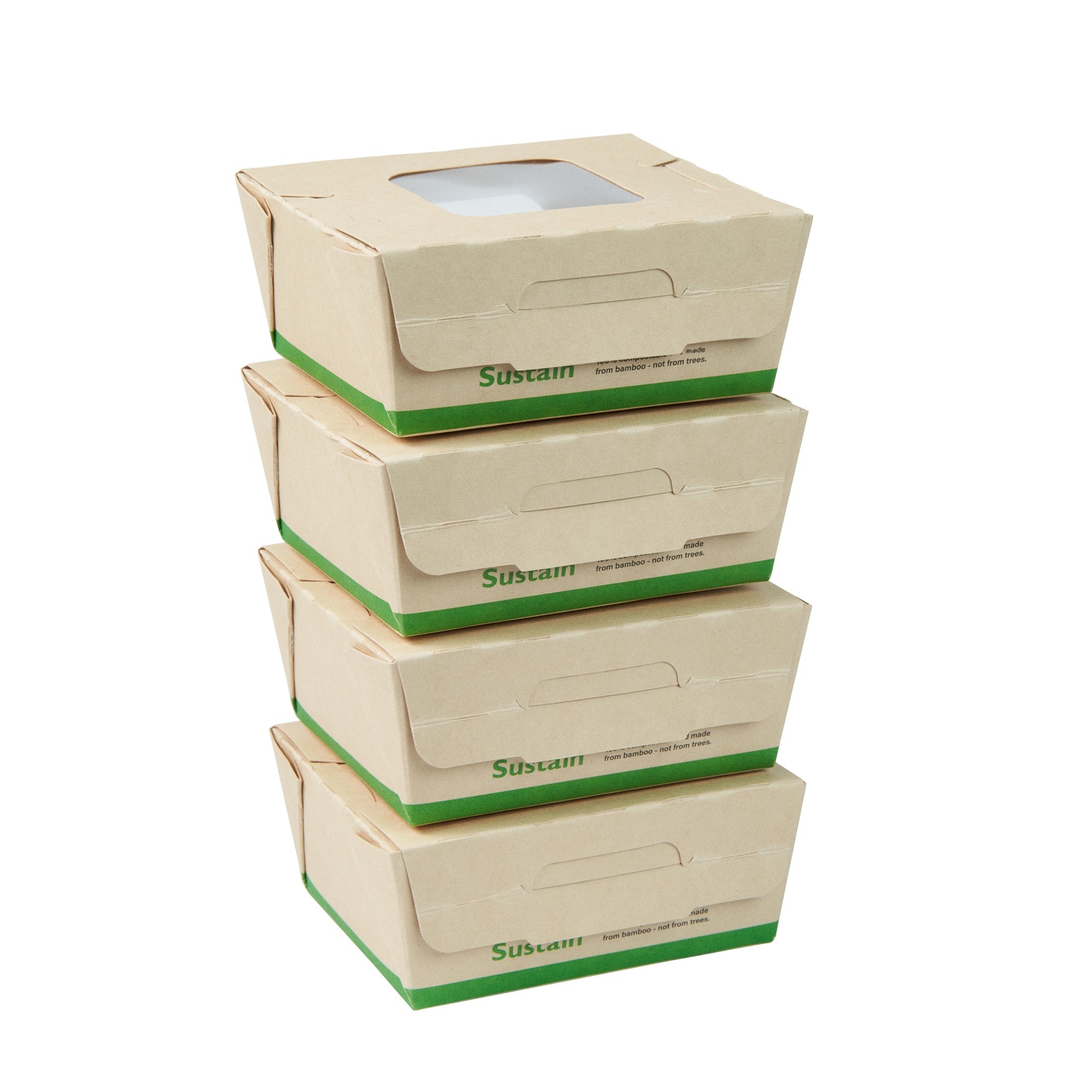 Sustain 12 oz Bamboo Paper Mini Bio Take Out Container - with PLA Lining and Windows, Compostable - 4 1/4" x 3 3/4" x 1 3/4" - 200 count box
