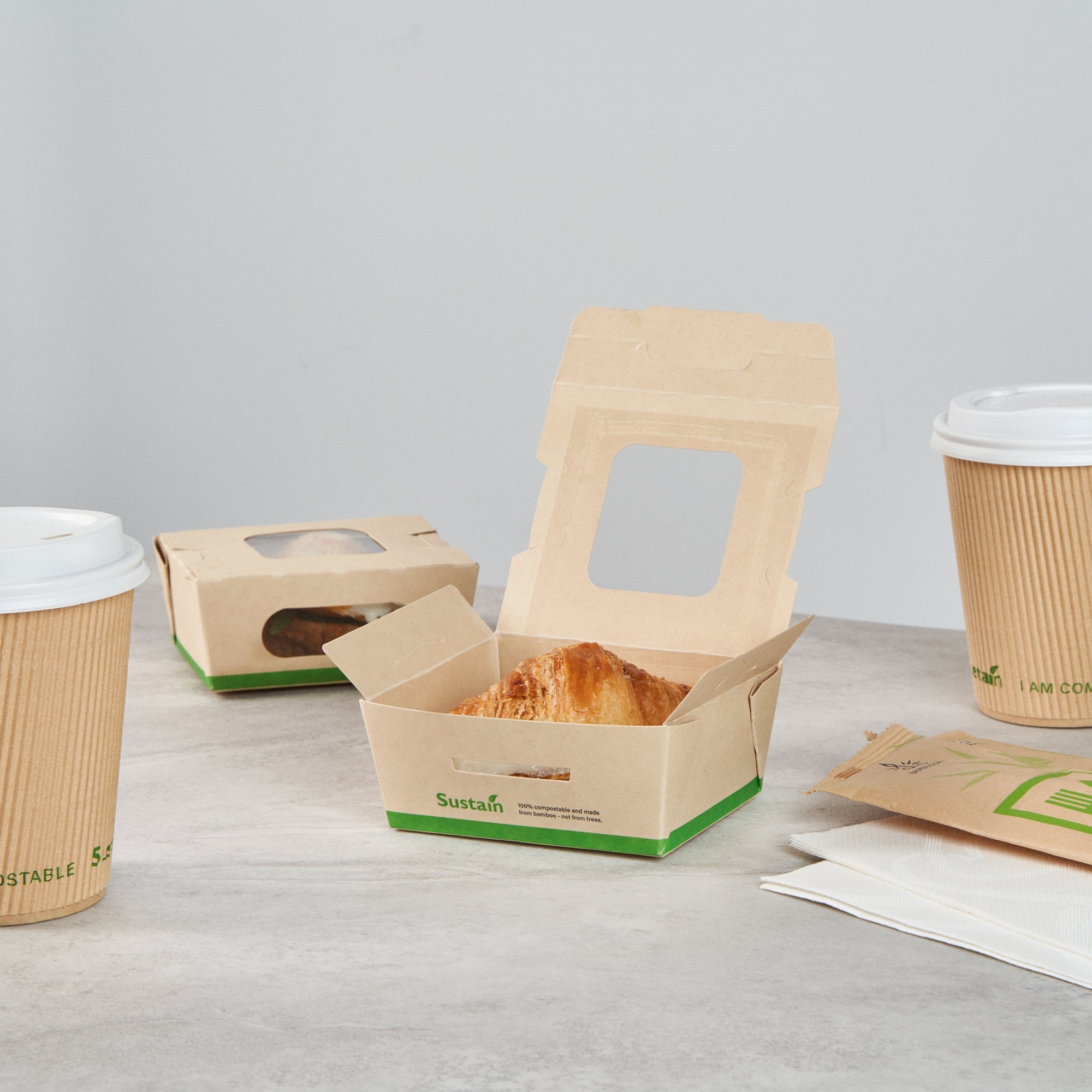 Sustain 12 oz Bamboo Paper Mini Bio Take Out Container - with PLA Lining and Windows, Compostable - 4 1/4" x 3 3/4" x 1 3/4" - 200 count box