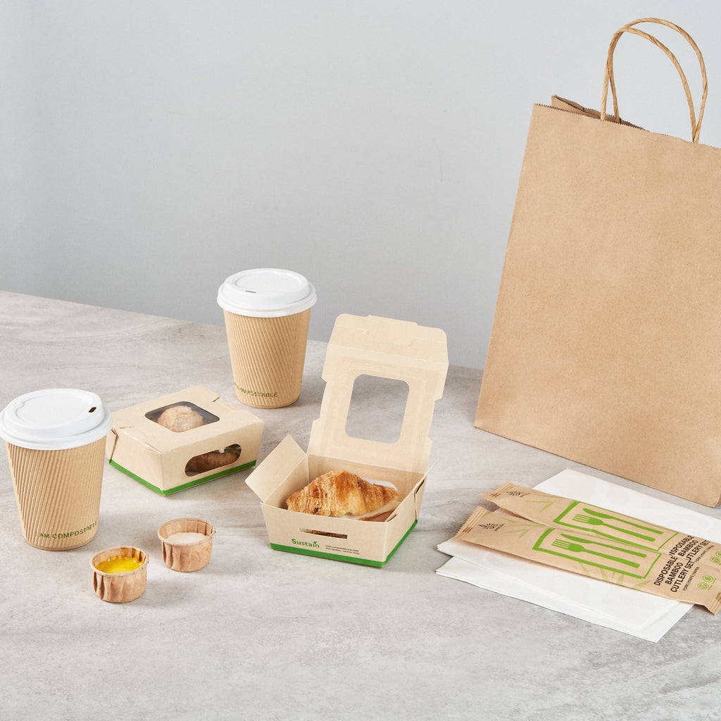 Sustain 12 oz Bamboo Paper Mini Bio Take Out Container - with PLA Lining and Windows, Compostable - 4 1/4" x 3 3/4" x 1 3/4" - 200 count box