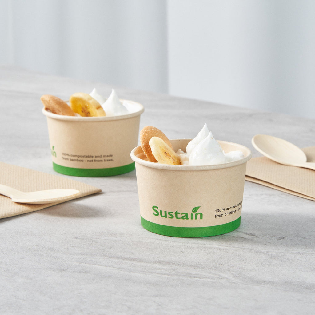 Sustain 3 oz Round Bamboo Paper To Go Cup - with PLA Lining, Compostable - 3" x 3" x 1 3/4" - 50 count box