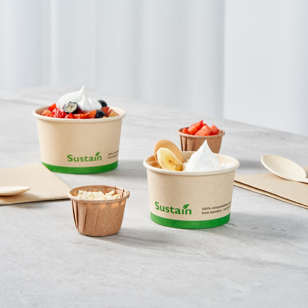 Sustain 3 oz Round Bamboo Paper To Go Cup - with PLA Lining, Compostable - 3" x 3" x 1 3/4" - 200 count box