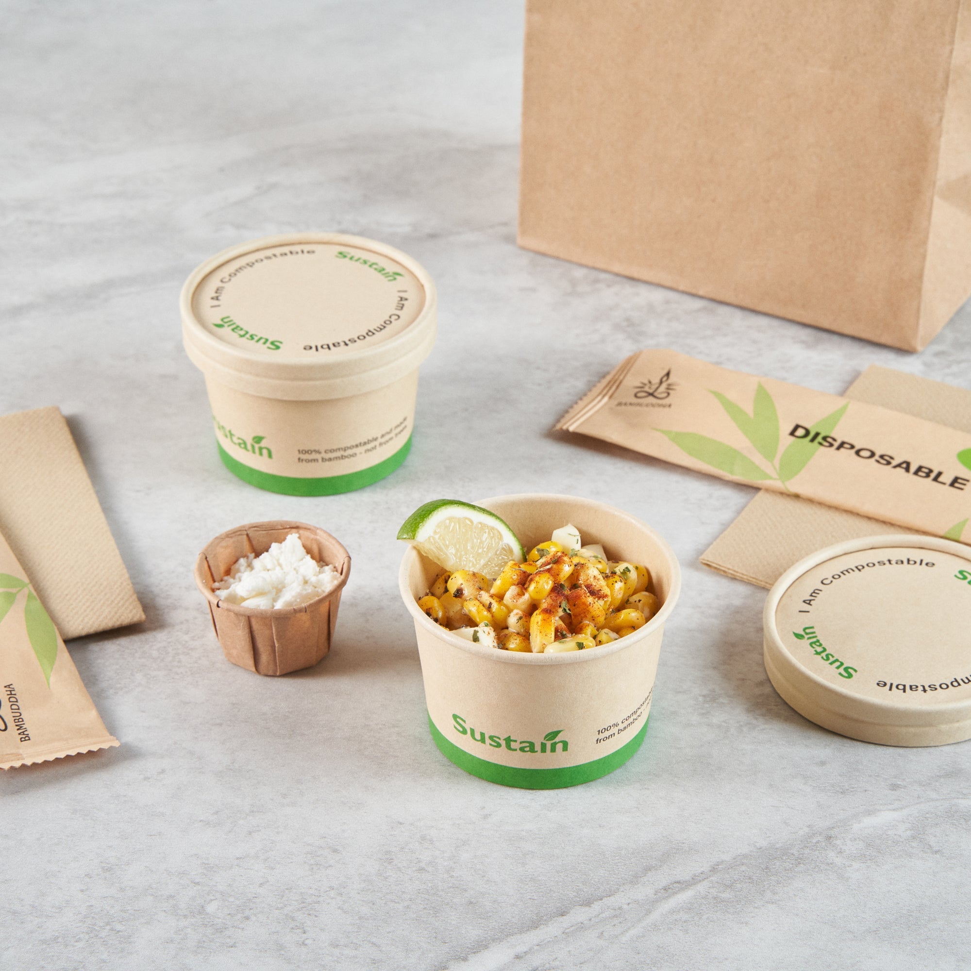 Sustain 4 oz Round Bamboo Paper To Go Cup - with PLA Lining, Compostable - 3" x 3" x 2 1/2" - 50 count box