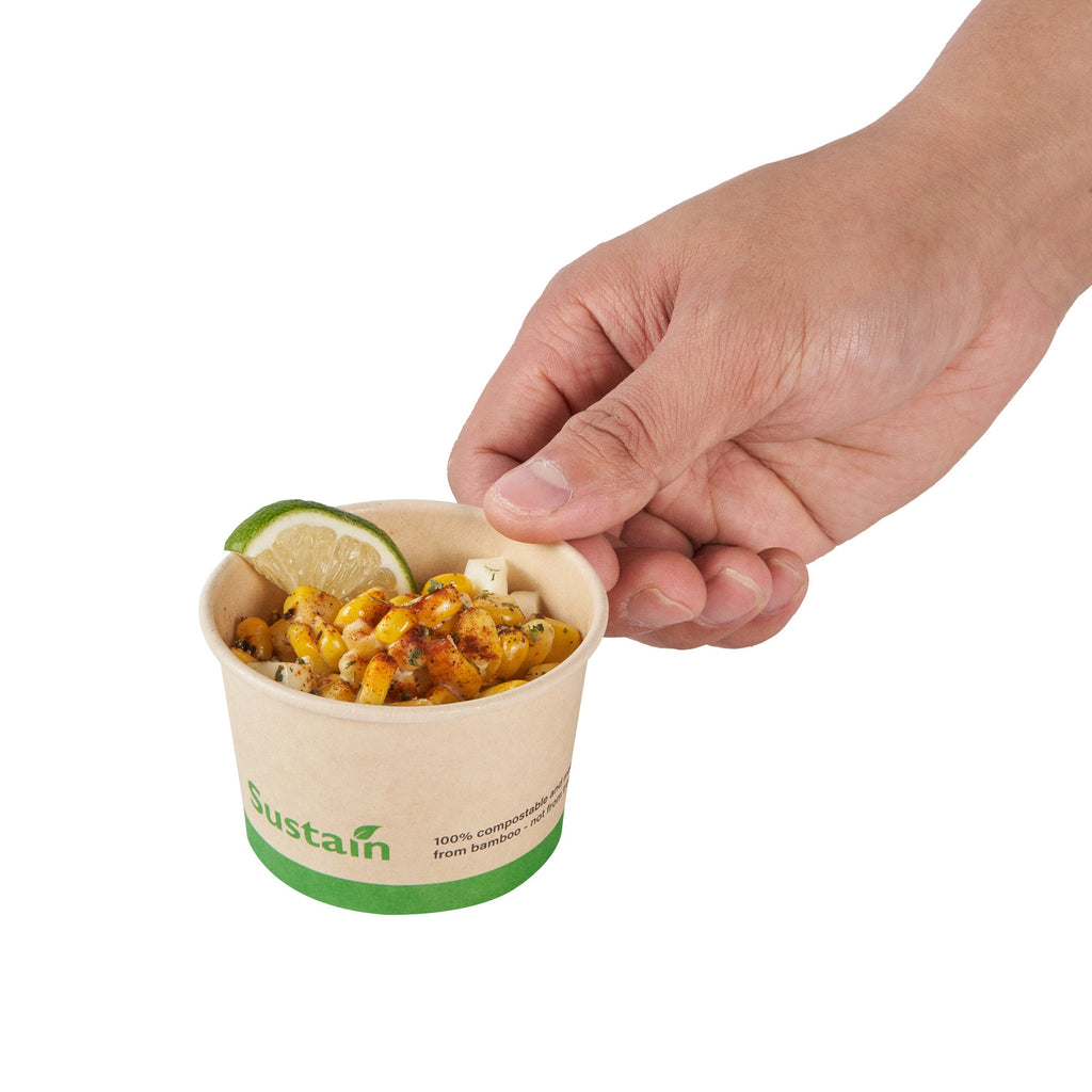 Sustain 4 oz Round Bamboo Paper To Go Cup - with PLA Lining, Compostable - 3" x 3" x 2 1/2" - 200 count box