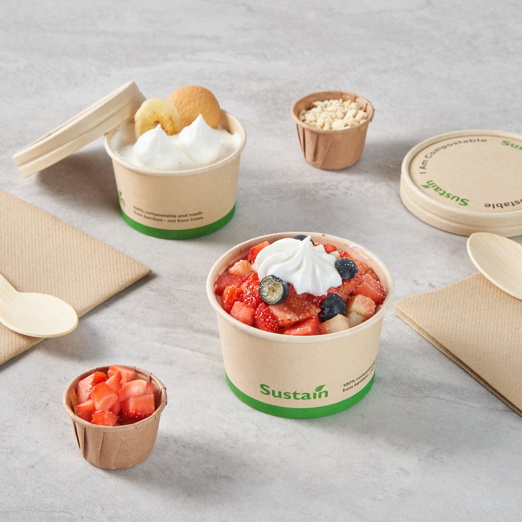 Sustain 5 oz Round Bamboo Paper To Go Cup - with PLA Lining, Compostable - 3 1/4" x 3 1/4" x 2" - 200 count box
