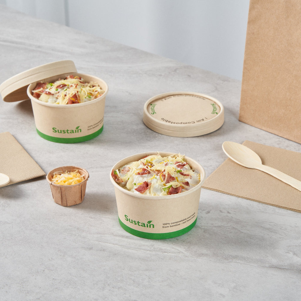 Sustain 8 oz Round Bamboo Paper To Go Cup - with PLA Lining, Compostable - 3 3/4" x 3 3/4" x 2 1/4" - 200 count box