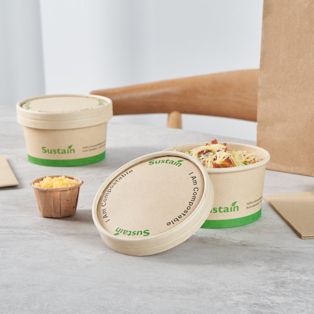 Sustain Round Bamboo Paper To Go Cup Lid - with PLA Lining, Fits 8 oz - 50 count box