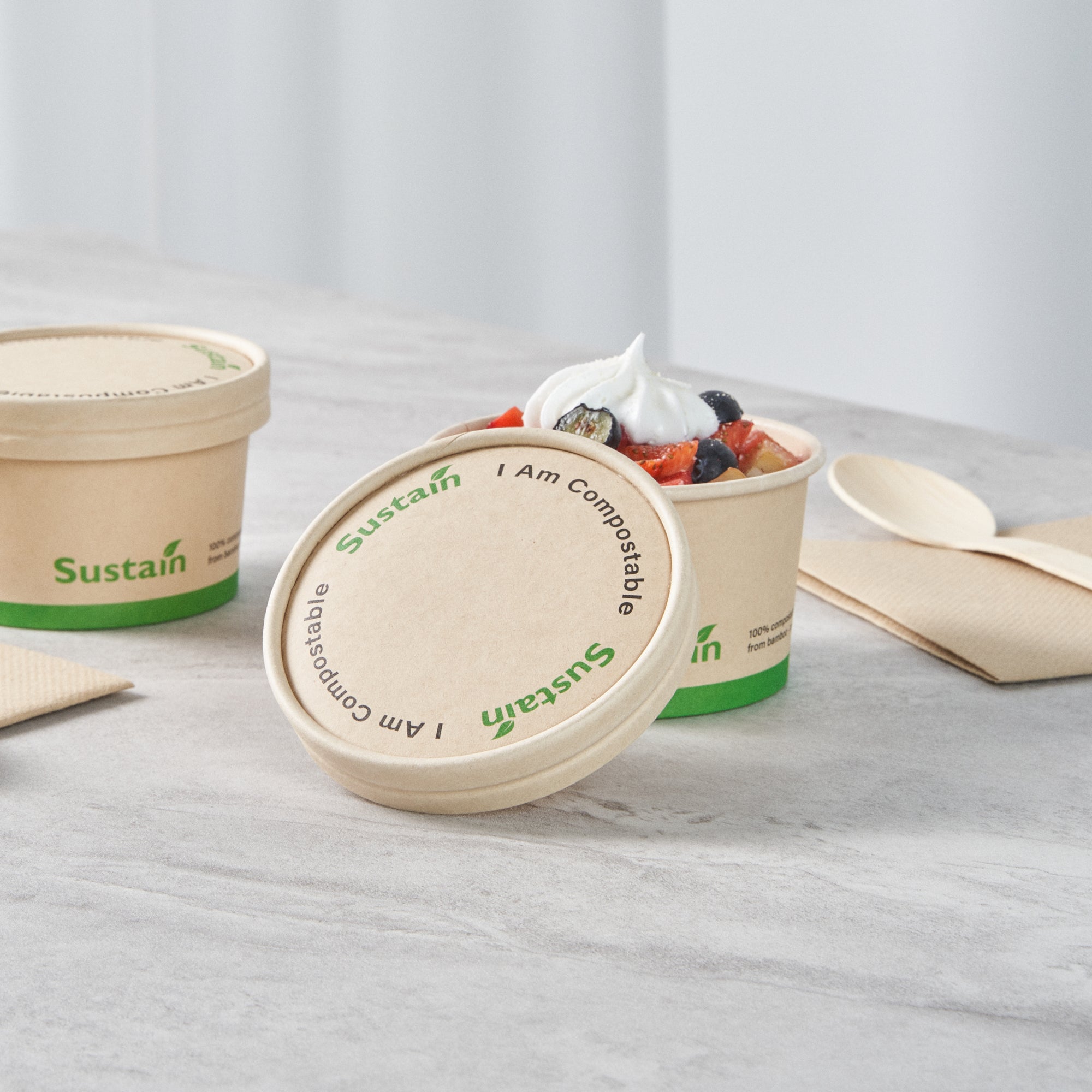 Sustain Round Bamboo Paper To Go Cup Lid - with PLA Lining, Fits 5 oz - 50 count box