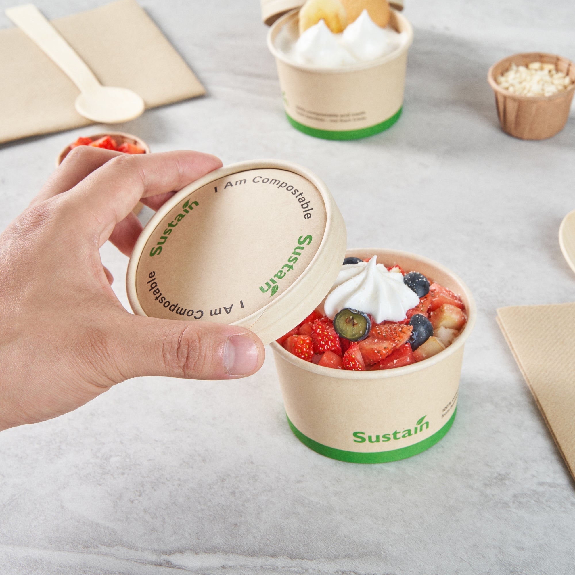 Sustain Round Bamboo Paper To Go Cup Lid - with PLA Lining, Fits 5 oz - 50 count box