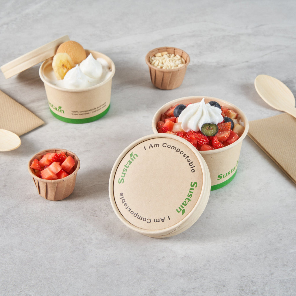 Sustain Round Bamboo Paper To Go Cup Lid - with PLA Lining, Fits 5 oz - 200 count box