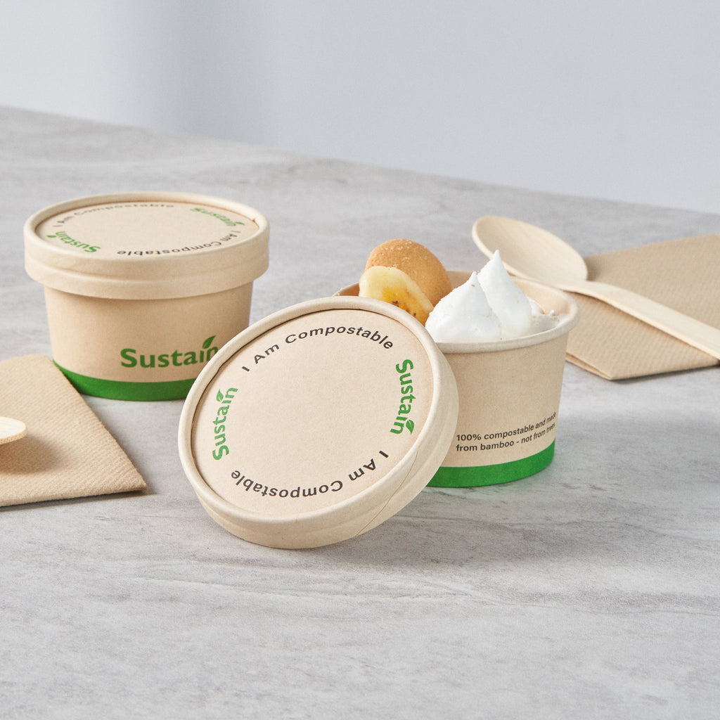 Sustain Round Bamboo Paper To Go Cup Lid - with PLA Lining, Fits 3 and 4 oz - 50 count box
