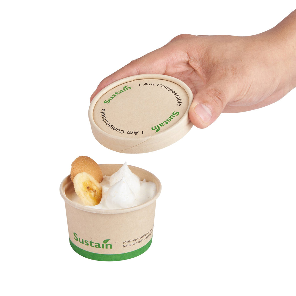 Sustain Round Bamboo Paper To Go Cup Lid - with PLA Lining, Fits 3 and 4 oz - 50 count box