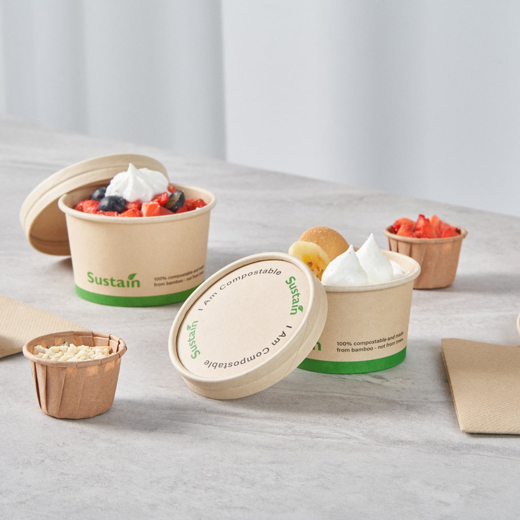 Sustain Round Bamboo Paper To Go Cup Lid - with PLA Lining, Fits 3 and 4 oz - 50 count box