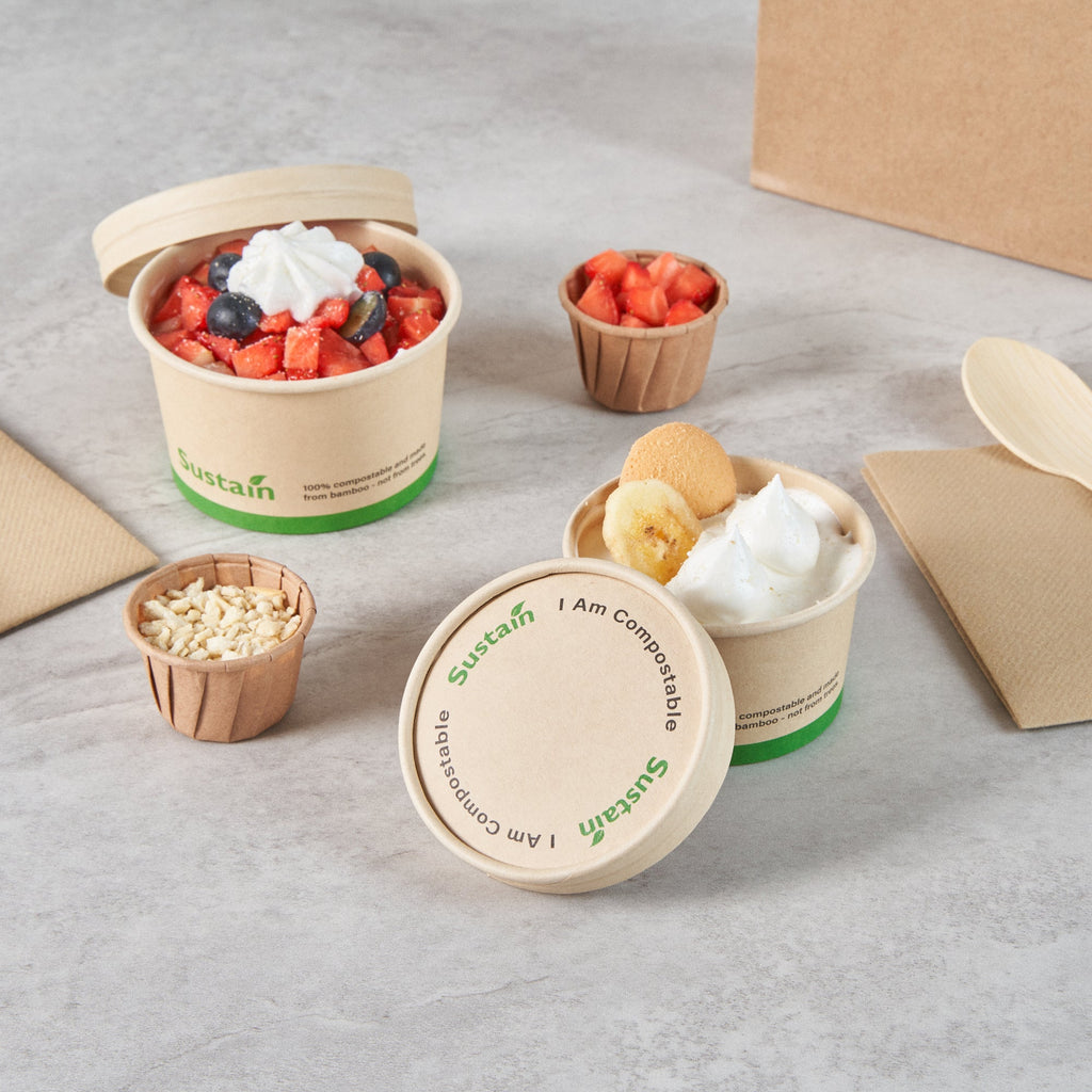 Sustain Round Bamboo Paper To Go Cup Lid - with PLA Lining, Fits 3 and 4 oz - 200 count box