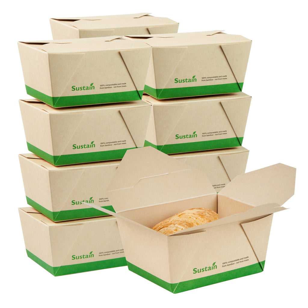 Sustain 30 oz Rectangle Bamboo Paper #1 Bio Box Take Out Container - with PLA Lining, Compostable - 5" x 4" x 2 1/2" - 200 count box