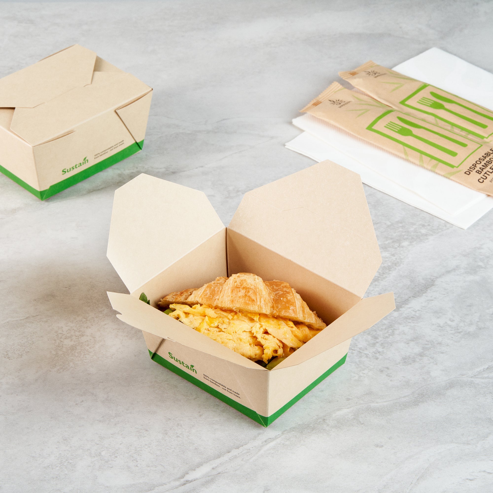 Sustain 30 oz Rectangle Bamboo Paper #1 Bio Box Take Out Container - with PLA Lining, Compostable - 5" x 4" x 2 1/2" - 200 count box