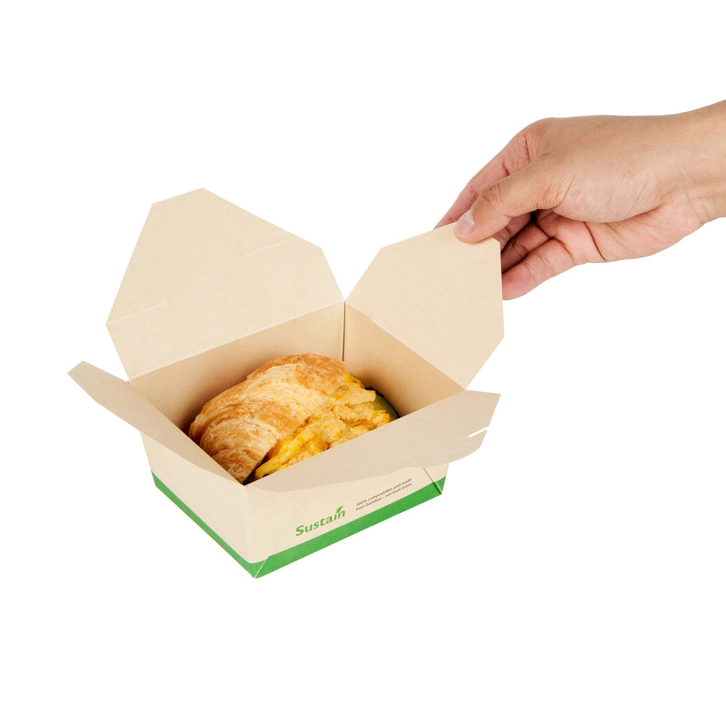 Sustain 30 oz Rectangle Bamboo Paper #1 Bio Box Take Out Container - with PLA Lining, Compostable - 5" x 4" x 2 1/2" - 50 count box