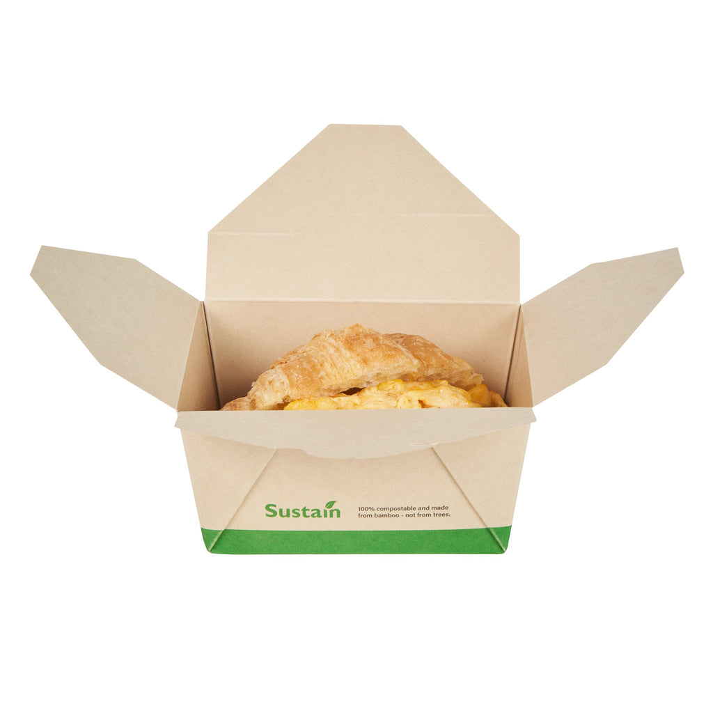 Sustain 30 oz Rectangle Bamboo Paper #1 Bio Box Take Out Container - with PLA Lining, Compostable - 5" x 4" x 2 1/2" - 50 count box