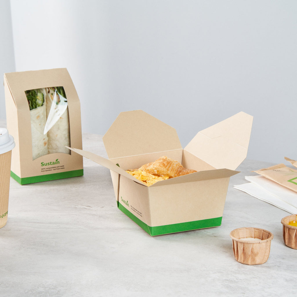 Sustain 30 oz Rectangle Bamboo Paper #1 Bio Box Take Out Container - with PLA Lining, Compostable - 5" x 4" x 2 1/2" - 50 count box