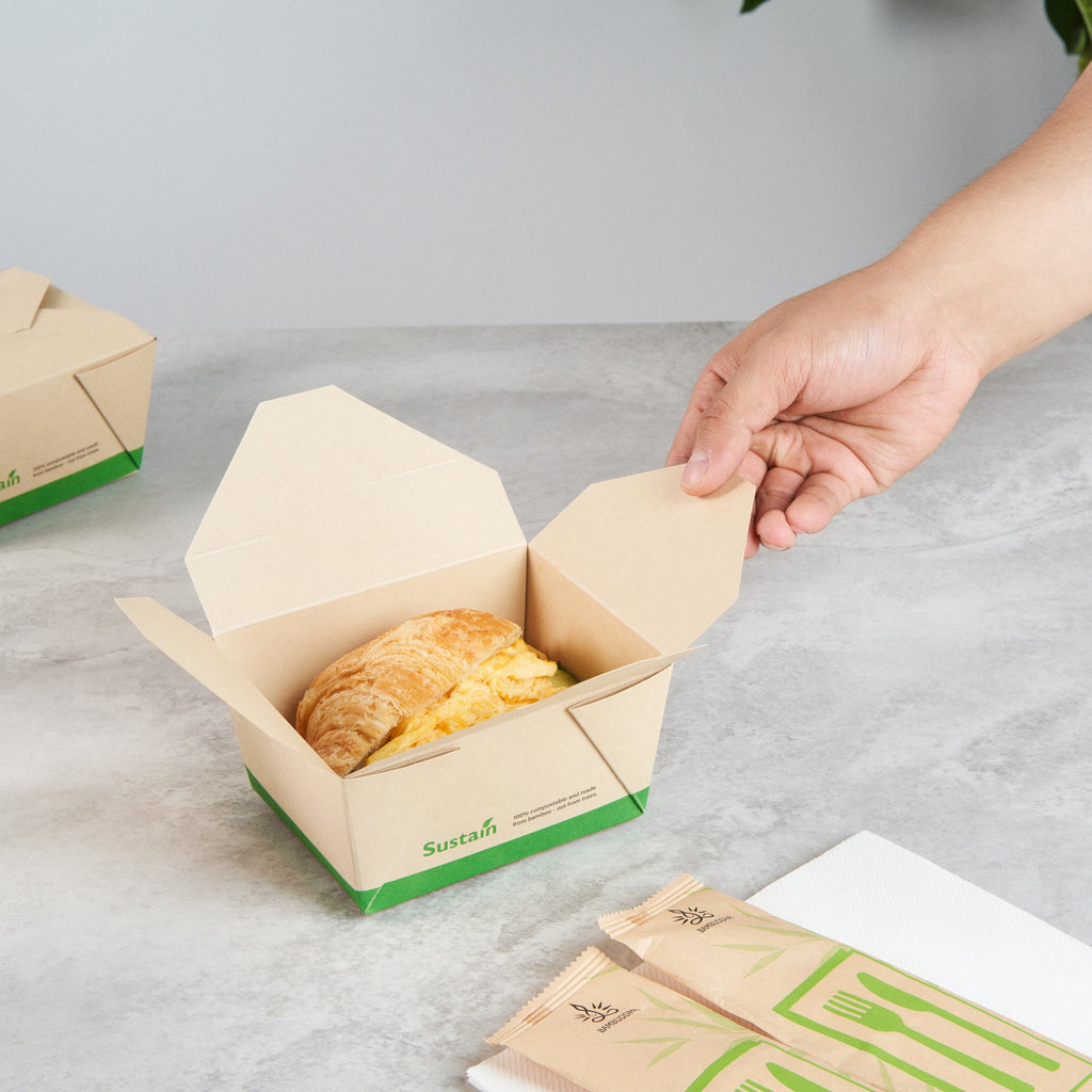 Sustain 30 oz Rectangle Bamboo Paper #1 Bio Box Take Out Container - with PLA Lining, Compostable - 5" x 4" x 2 1/2" - 50 count box