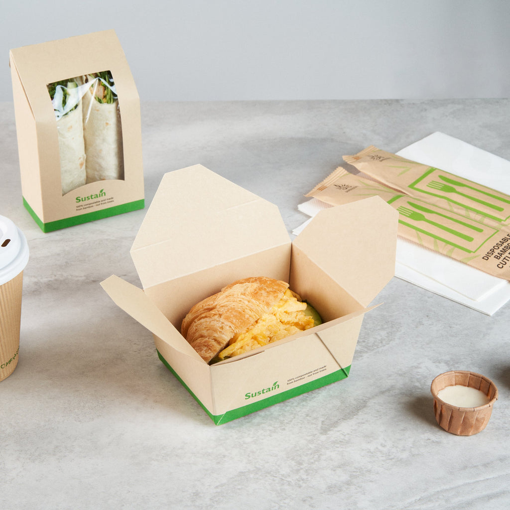 Sustain 30 oz Rectangle Bamboo Paper #1 Bio Box Take Out Container - with PLA Lining, Compostable - 5" x 4" x 2 1/2" - 50 count box
