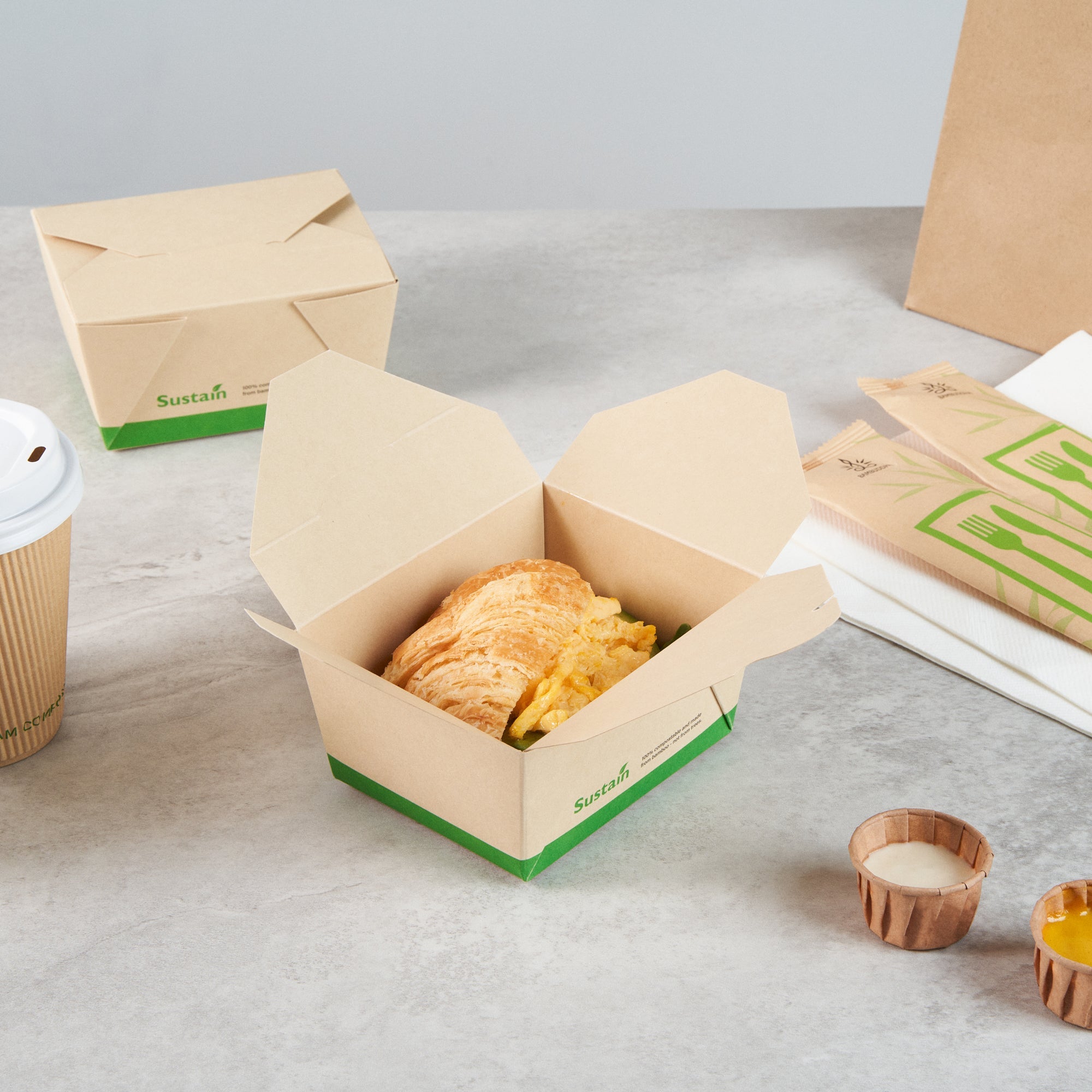 Sustain 30 oz Rectangle Bamboo Paper #1 Bio Box Take Out Container - with PLA Lining, Compostable - 5" x 4" x 2 1/2" - 50 count box