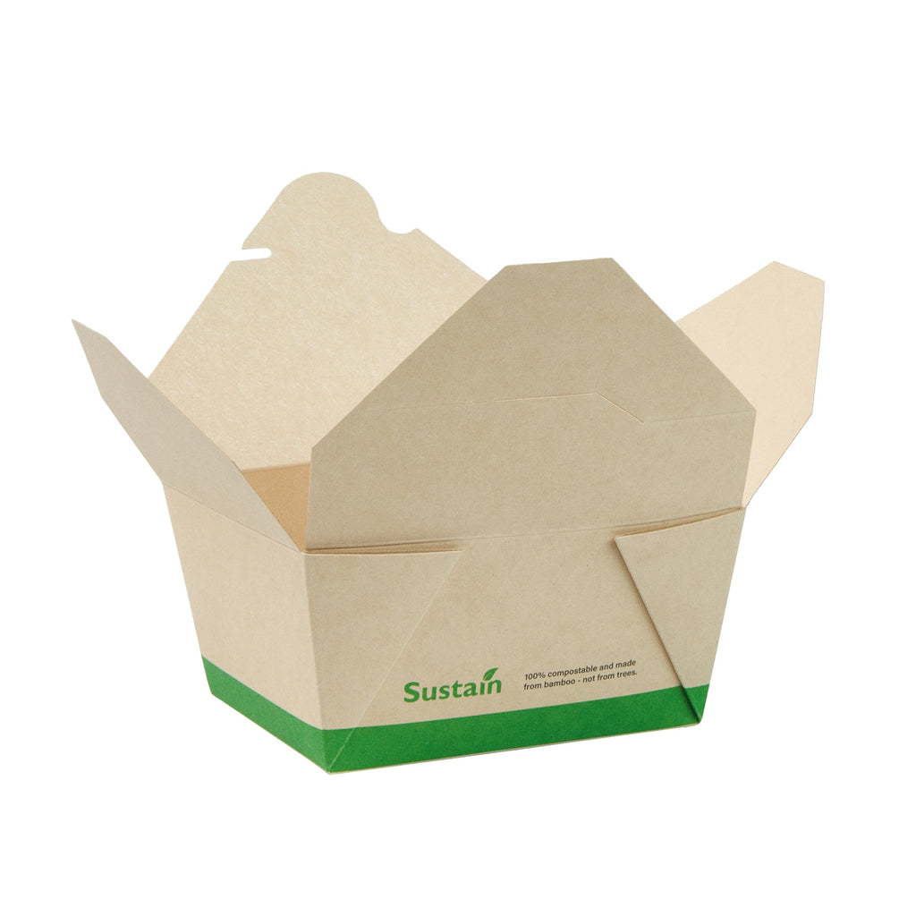 Sustain 30 oz Rectangle Bamboo Paper #1 Bio Box Take Out Container - with PLA Lining, Compostable - 5" x 4" x 2 1/2" - 200 count box