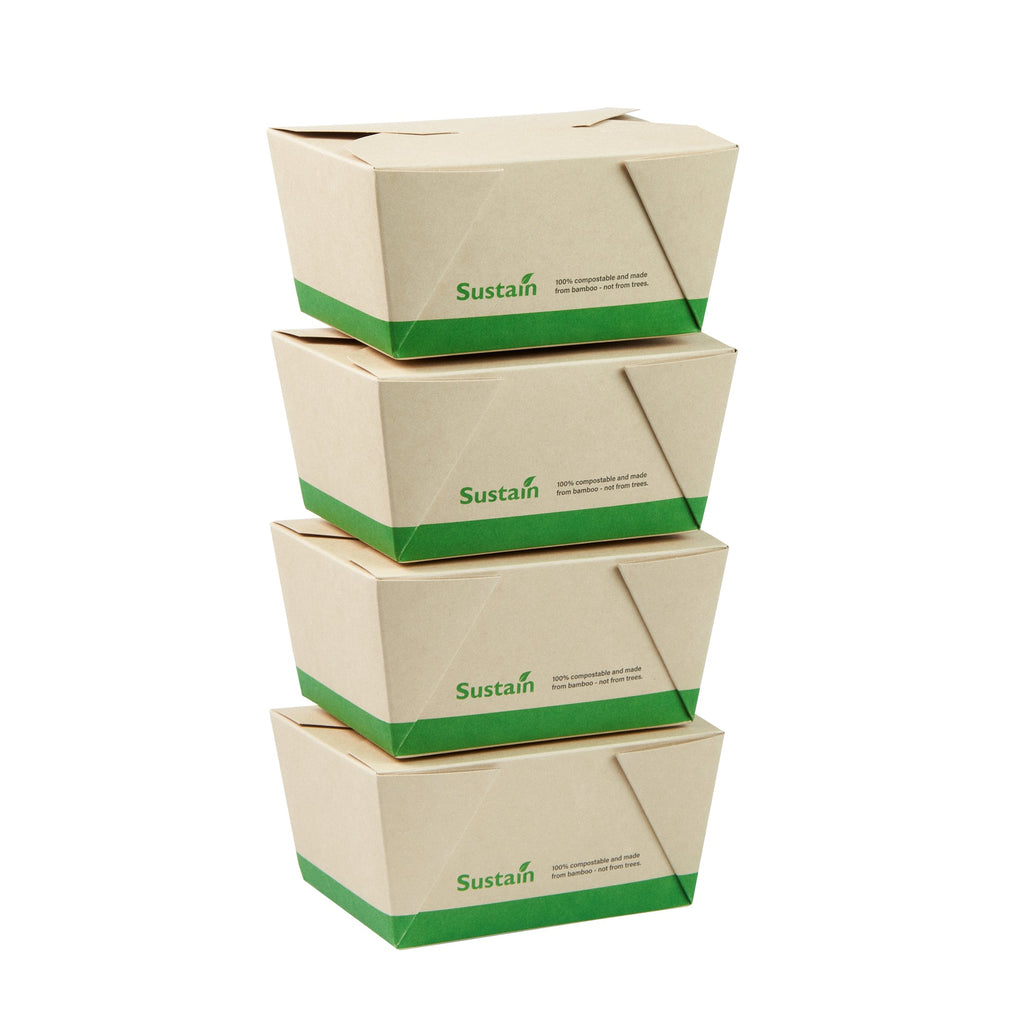 Sustain 30 oz Rectangle Bamboo Paper #1 Bio Box Take Out Container - with PLA Lining, Compostable - 5" x 4" x 2 1/2" - 200 count box