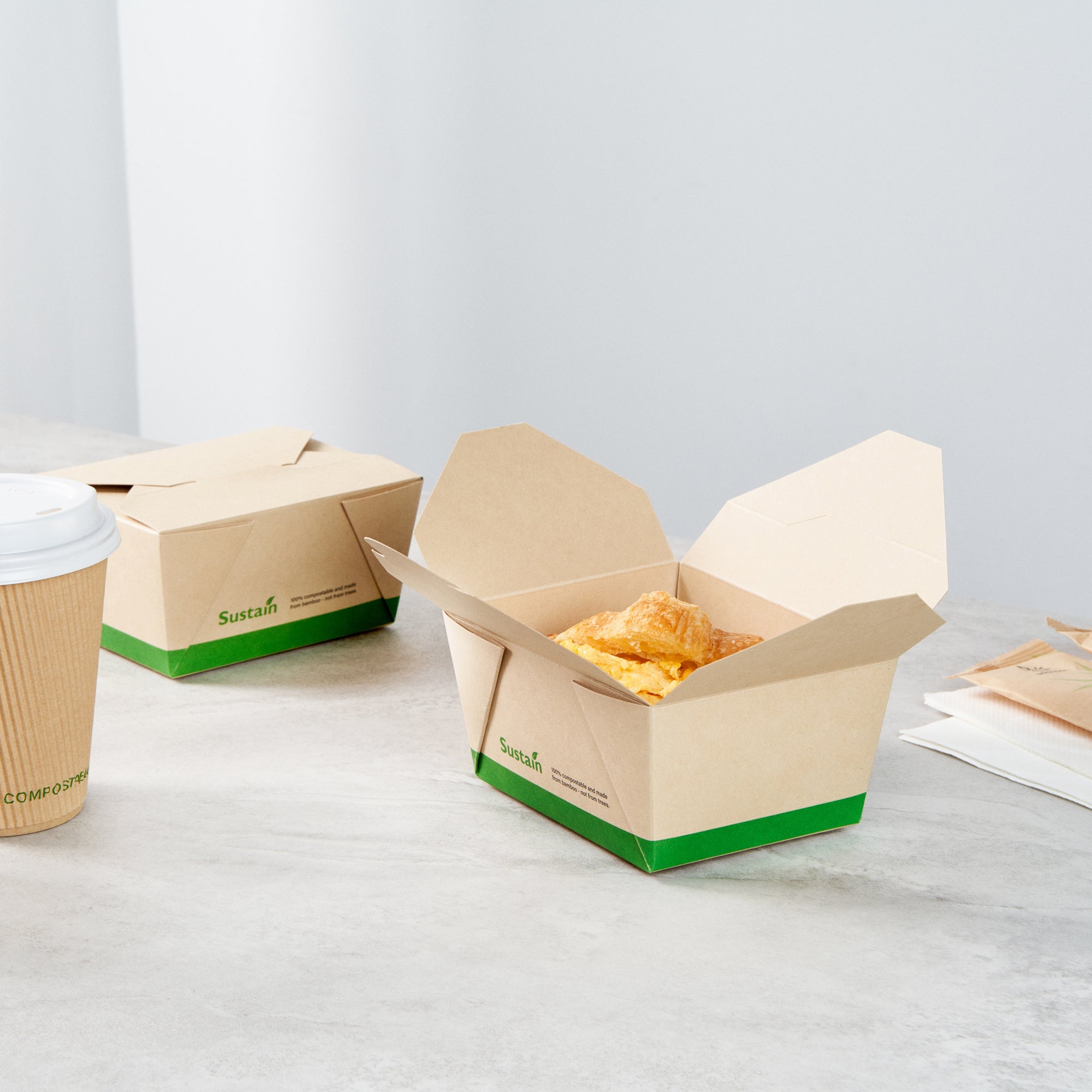Sustain 30 oz Rectangle Bamboo Paper #1 Bio Box Take Out Container - with PLA Lining, Compostable - 5" x 4" x 2 1/2" - 200 count box