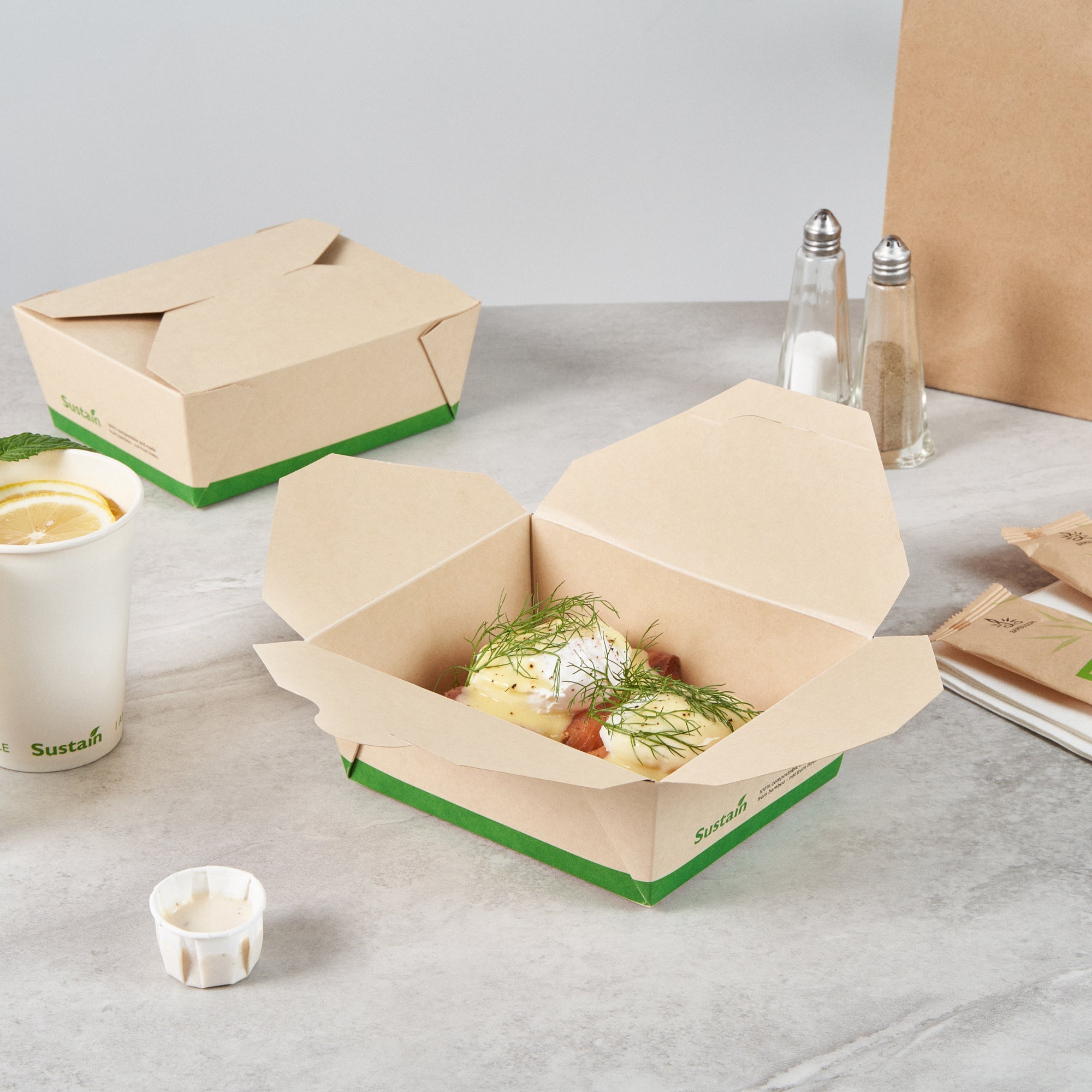 Sustain 45 oz Rectangle Bamboo Paper #8 Bio Box Take Out Container - with PLA Lining, Compostable - 6 3/4" x 5 1/2" x 2 1/2" - 200 count box