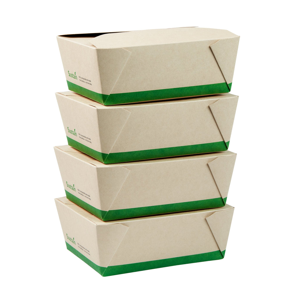 Sustain 45 oz Rectangle Bamboo Paper #8 Bio Box Take Out Container - with PLA Lining, Compostable - 6 3/4" x 5 1/2" x 2 1/2" - 50 count box