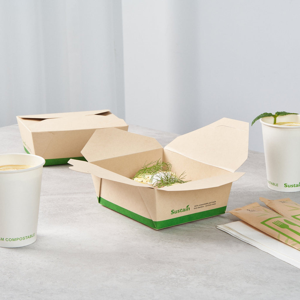 Sustain 45 oz Rectangle Bamboo Paper #8 Bio Box Take Out Container - with PLA Lining, Compostable - 6 3/4" x 5 1/2" x 2 1/2" - 50 count box