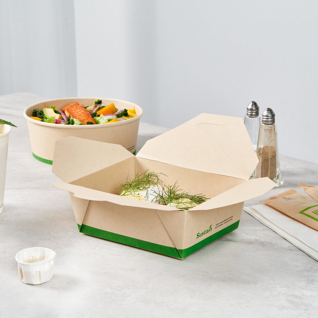 Sustain 45 oz Rectangle Bamboo Paper #8 Bio Box Take Out Container - with PLA Lining, Compostable - 6 3/4" x 5 1/2" x 2 1/2" - 50 count box