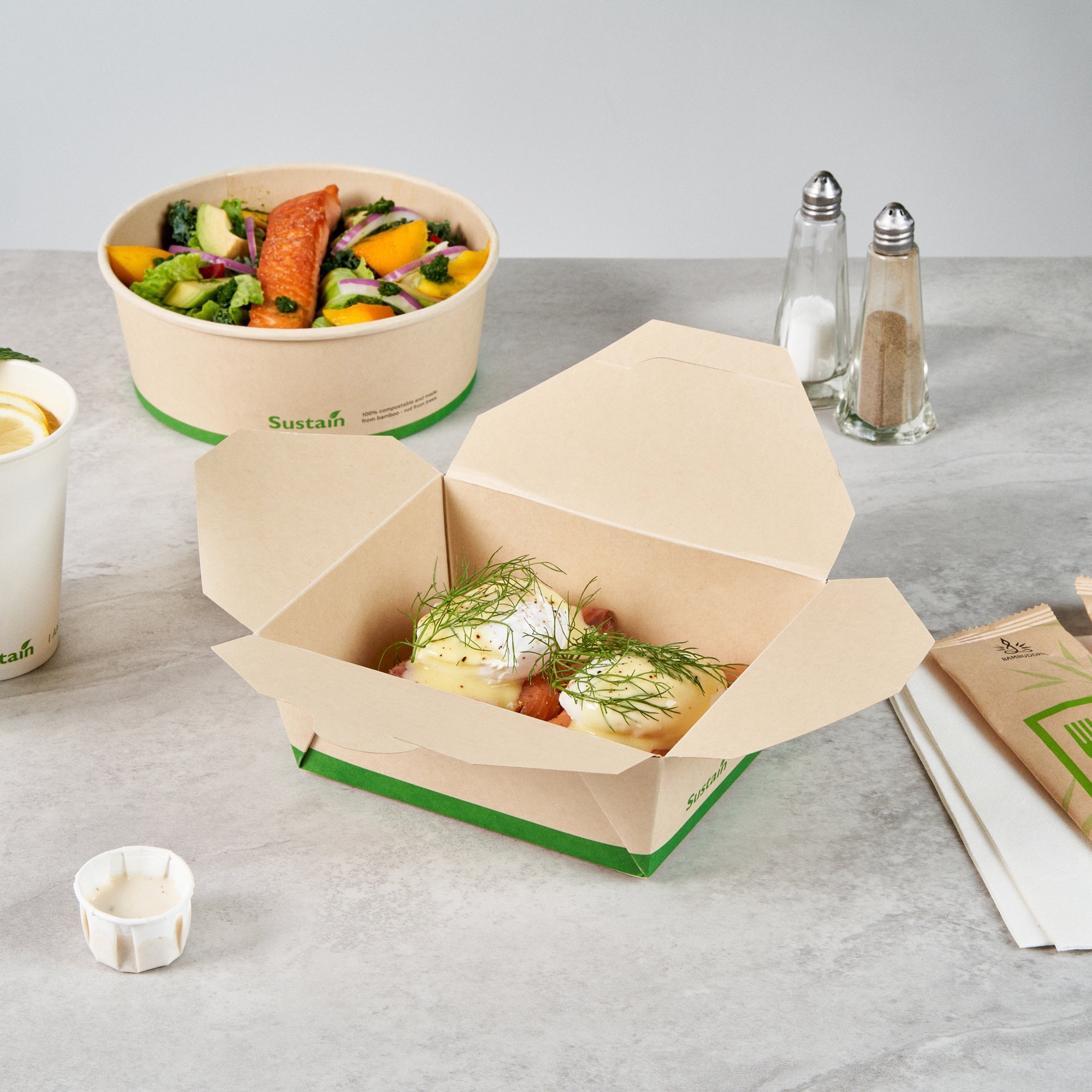 Sustain 45 oz Rectangle Bamboo Paper #8 Bio Box Take Out Container - with PLA Lining, Compostable - 6 3/4" x 5 1/2" x 2 1/2" - 50 count box