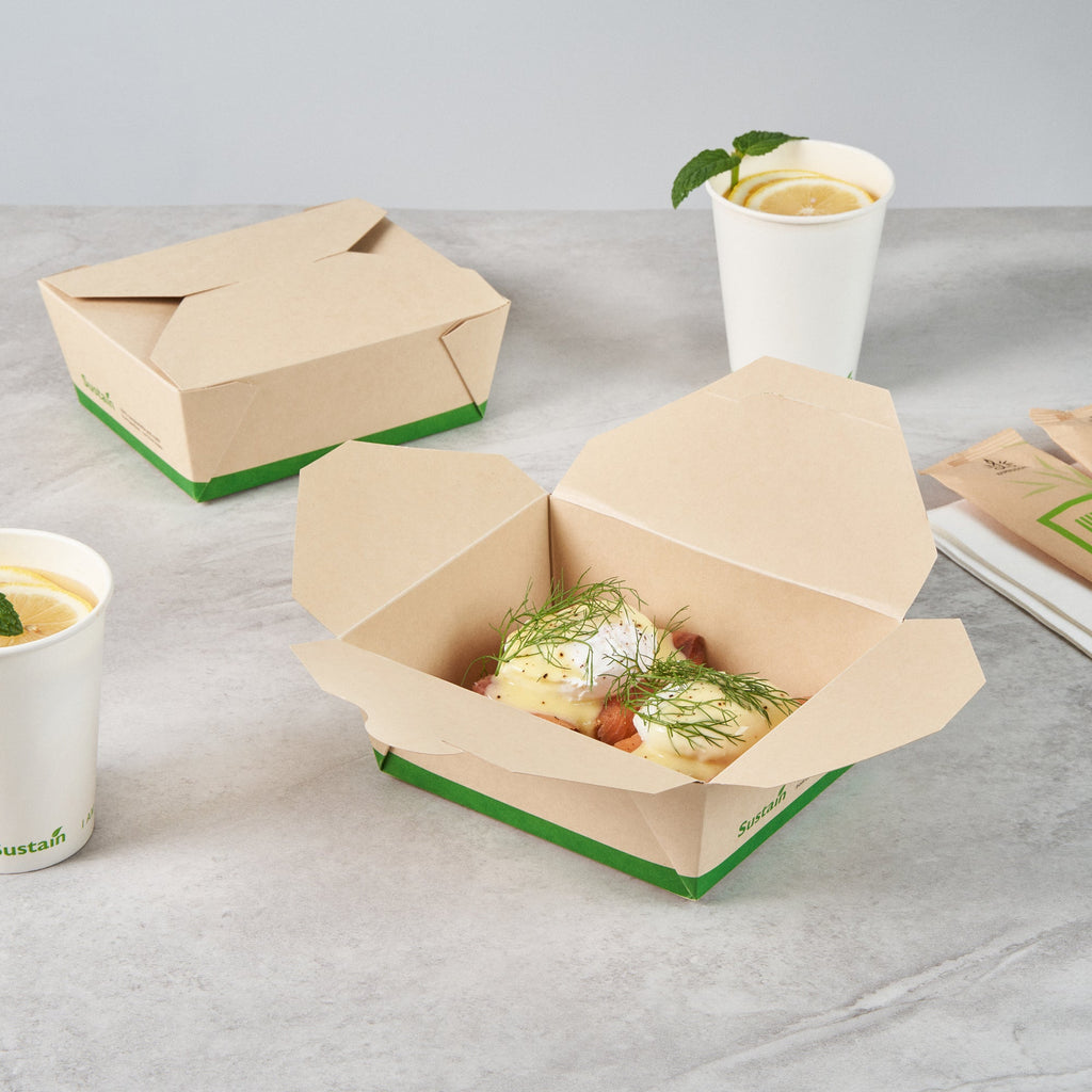 Sustain 45 oz Rectangle Bamboo Paper #8 Bio Box Take Out Container - with PLA Lining, Compostable - 6 3/4" x 5 1/2" x 2 1/2" - 50 count box