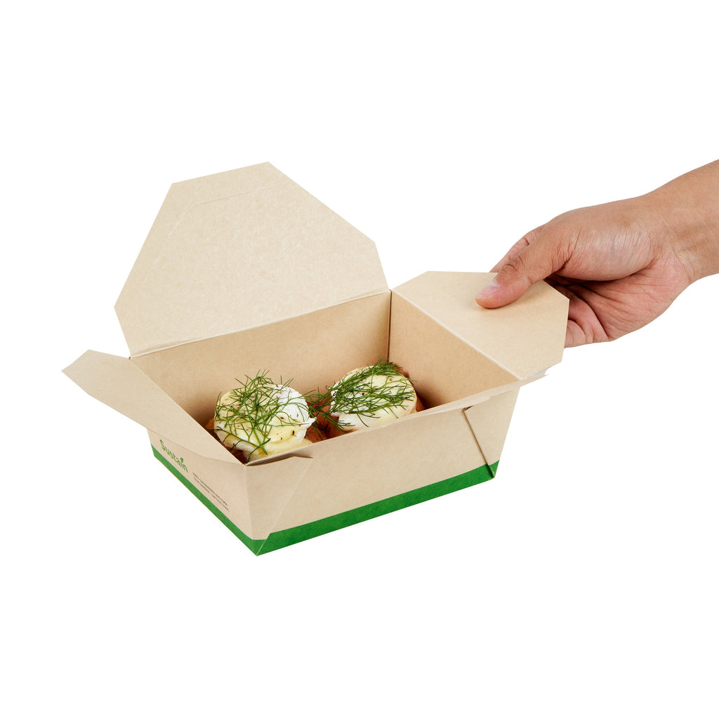 Sustain 45 oz Rectangle Bamboo Paper #8 Bio Box Take Out Container - with PLA Lining, Compostable - 6 3/4" x 5 1/2" x 2 1/2" - 200 count box