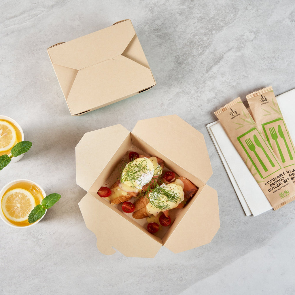 Sustain 45 oz Rectangle Bamboo Paper #8 Bio Box Take Out Container - with PLA Lining, Compostable - 6 3/4" x 5 1/2" x 2 1/2" - 200 count box