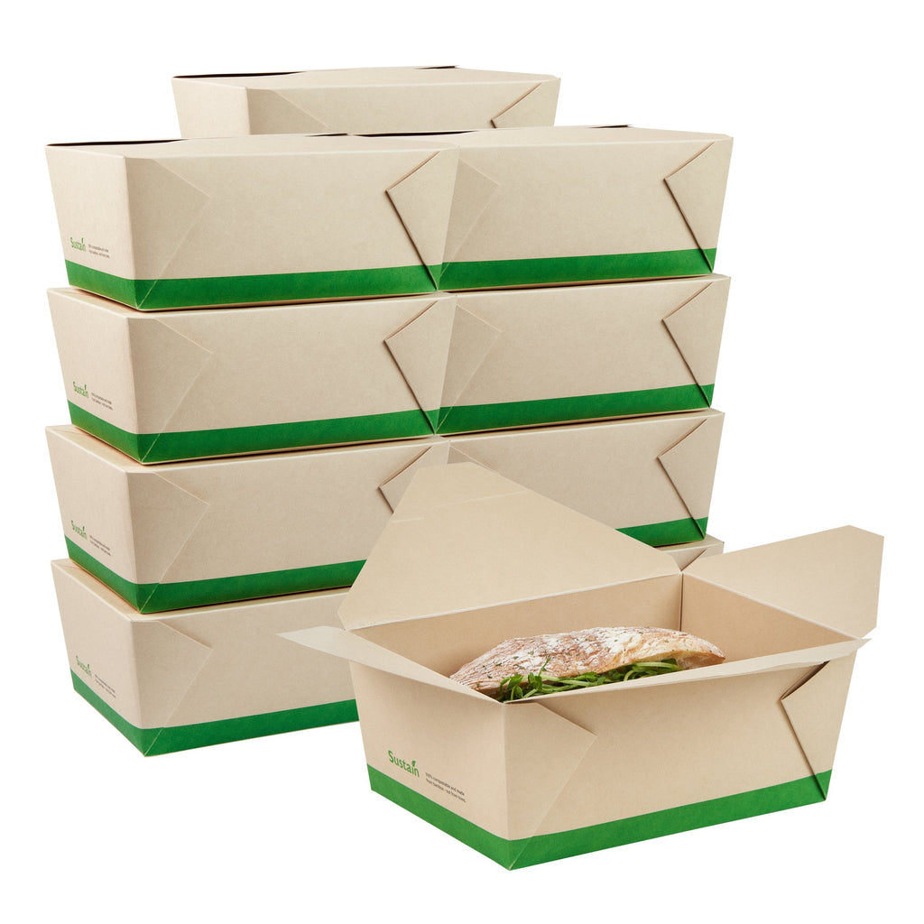 Sustain 98 oz Rectangle Bamboo Paper #4 Bio Box Take Out Container - with PLA Lining, Compostable - 8 1/2" x 6 1/4" x 3 1/2" - 50 count box