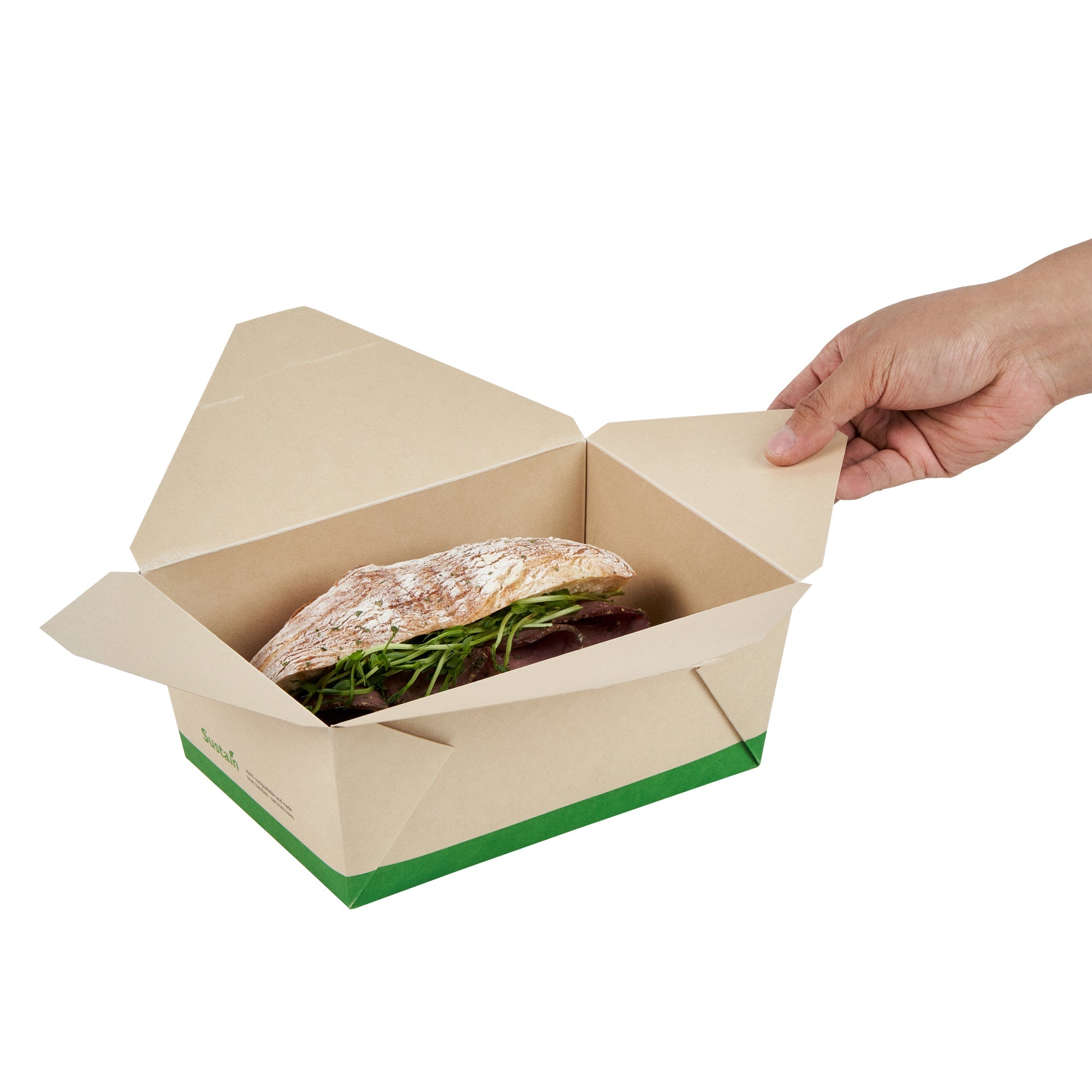 Sustain 98 oz Rectangle Bamboo Paper #4 Bio Box Take Out Container - with PLA Lining, Compostable - 8 1/2" x 6 1/4" x 3 1/2" - 50 count box