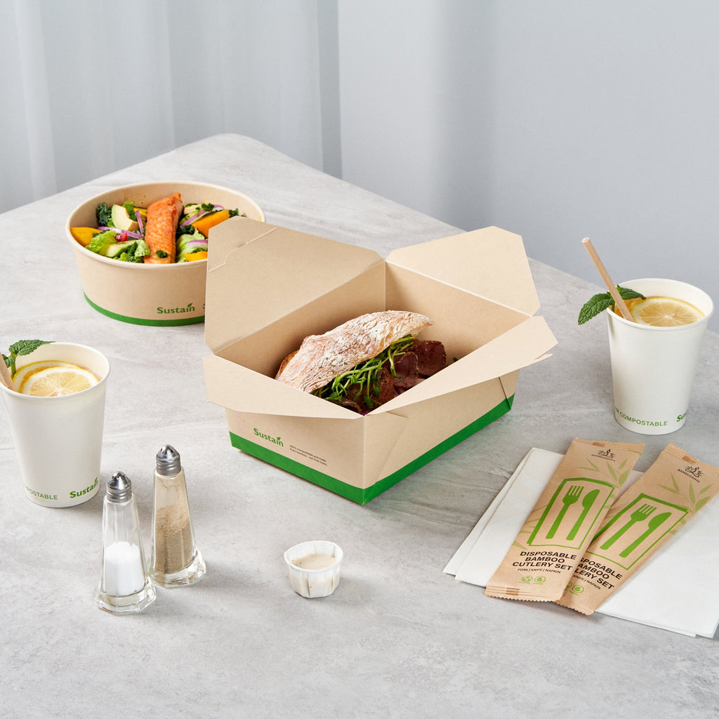Sustain 98 oz Rectangle Bamboo Paper #4 Bio Box Take Out Container - with PLA Lining, Compostable - 8 1/2" x 6 1/4" x 3 1/2" - 50 count box
